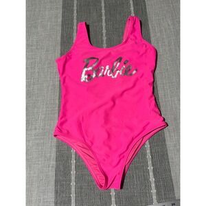 Barbie Girls One Piece Swimsuit Fuchsia Pink Silver Logo Bow Back Size 10/12